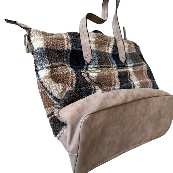 Womens Sherpa Fleece Brown Plaid Gold Hardware Zip Double Handle Large Tote Bag - Picture 3 of 8